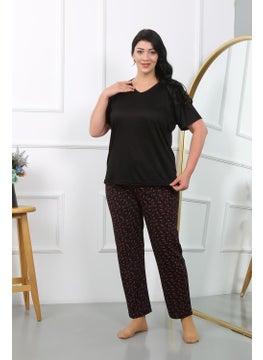 Akbeniz Women's Plus Size Short Sleeve Combed Cotton Pajama Set Black 202406  - Image 4