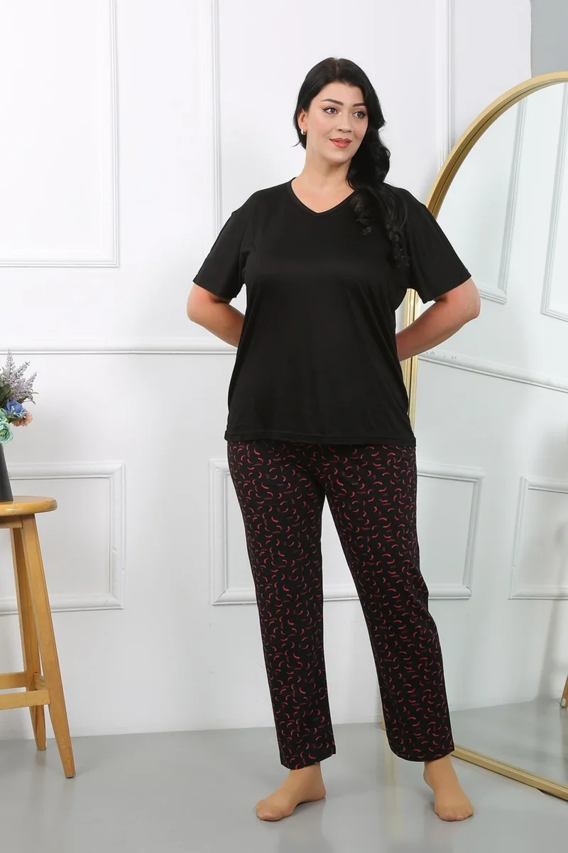 Akbeniz Women's Plus Size Short Sleeve Combed Cotton Pajama Set Black 202406