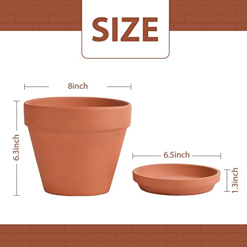 INGOFIN Terracotta Pots Set with Saucer - 2-Pack Ceramic Clay Planters with Drainage Hole, Garden Flower Succulent Pots with Tray for Indoor Outdoor Plants, 8 inch, Set of 2 - Image 2