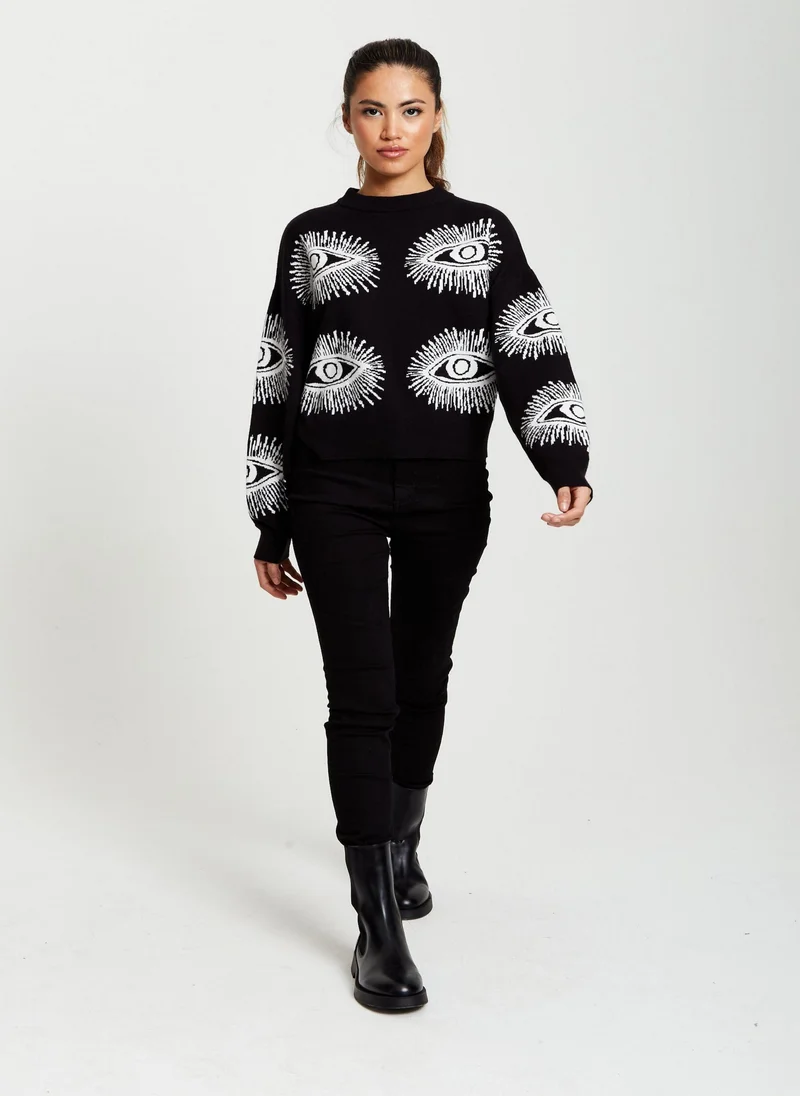 Liquorish Eye Pattern Jumper In Black