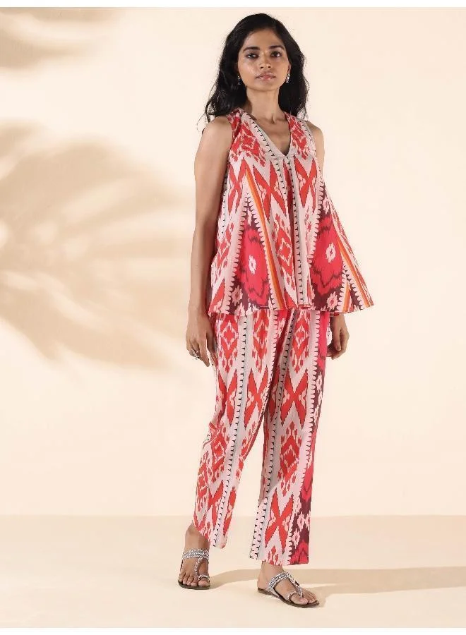 trueBrowns trueBrowns Maroon Cotton Ikat Flared Co-ord Set