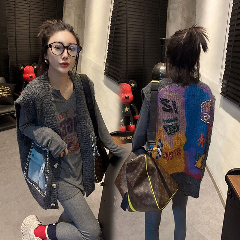Extras Size 1.00 Kg-150.00 Kg Chubby Girl Fashion Western Style Design Sense Color Blocked Letter Back Single-Breasted Knitted Horse Clip Women - Image 2