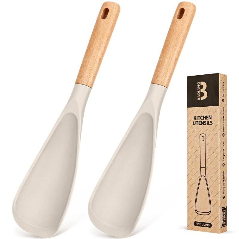 Badiano Cooking Spoon for Nonstick Cookwares, Great for Cooking and Serving Sturdy BPA-Free Matte Silicone, Wood Handle Spoon for Mixing, Scoop, and Scrape (2 Pack of Khaki, 11.4 inch) - Image 1