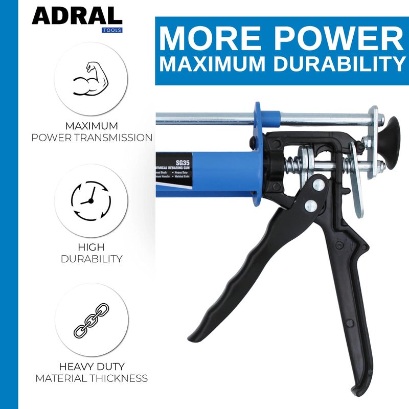 ADRAL 9-Inch Chemical Rebarring Gun | 950g | Dual Shaft for 2-Component Dispensing | MIG Welded Barrel | Dual Plunger Brackets | Heavy-Duty Trigger | Aluminium Handle | High-Precision Application - Image 4
