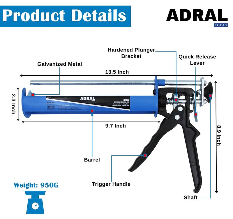 ADRAL 9-Inch Chemical Rebarring Gun | 950g | Dual Shaft for 2-Component Dispensing | MIG Welded Barrel | Dual Plunger Brackets | Heavy-Duty Trigger | Aluminium Handle | High-Precision Application - Image 3