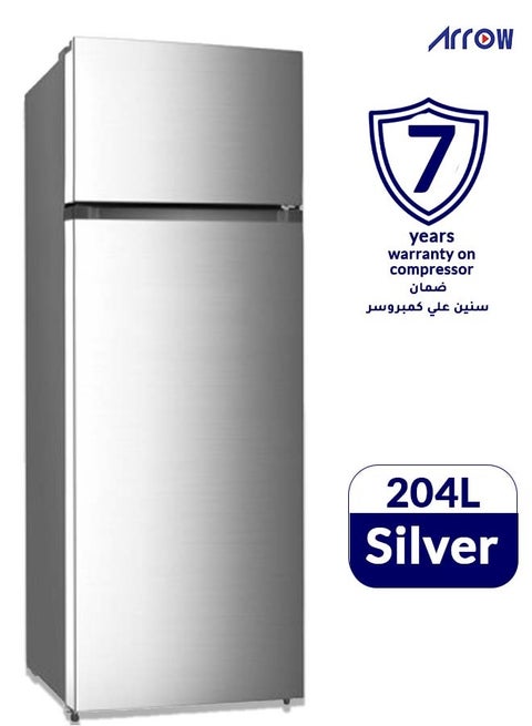 Arrow 204 Liters Double Door Refrigerator 7.2 Cubic Feet Mechanical Control, Manual Defrost, Low Noise, Energy Saving, Glass Shelf,  Extra Space and Long Lasting Freshness, Silent & Energy-Efficient Compressor, Silver (2 Years Product And 7 Years Compressor Warranty)