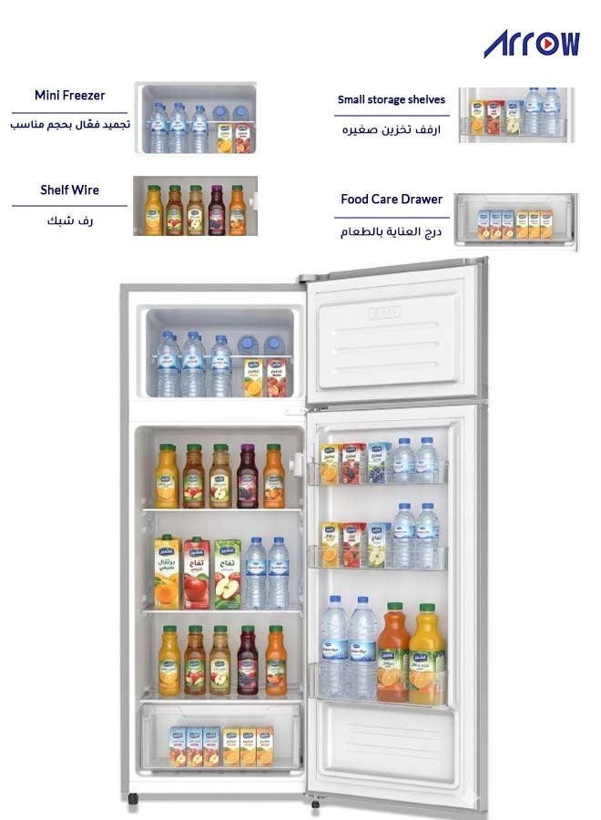 ارو ثلاجة آرو ذات بابين سعة 204 لتر، 7.2 قدم مكعب، تحكم ميكانيكي، إزالة الجليد يدوياً، ضوضاء منخفضة، موفرة للطاقة، رف زجاجي، مساحة إضافية ونضارة تدوم طويلاً، ضاغط صامت وموفر للطاقة، فضي (ضمان سنتين على المنتج و7 سنوات على الضاغط) - Image 2