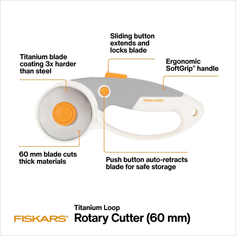 Fiskars 60mm Rotary Cutter for Fabric with Ergonomic Loop Grip And Comfort Handle, Titanium Rotary Fabric Cutter for Thick Materials, Easy and Safe Blade Change, Sewing Supplies and Quilting Tools - Image 2