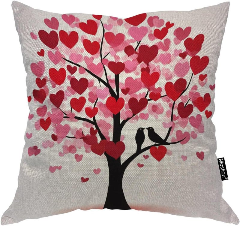 Moslion Heart Pillows Decorative Throw Pillow Cover Valentine's Day Love Hearts Tree for Wedding Bridal Pillow Case 18x18 Inch Cotton Linen Square Cushion Cover for Sofa Bed Red - Image 1
