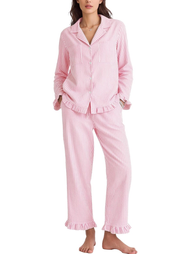 Flygo Womens Striped Pajama Sets 2 Piece Cotton Lounge Sets Button Down Top Straight Leg Pants with Pockets Y2K Pjs Sleepwear(Pink-S) - Image 1