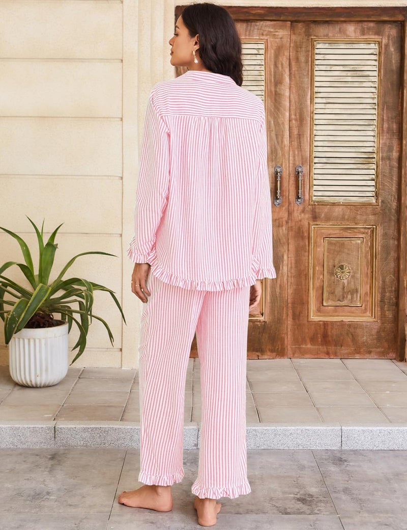 Flygo Womens Striped Pajama Sets 2 Piece Cotton Lounge Sets Button Down Top Straight Leg Pants with Pockets Y2K Pjs Sleepwear(Pink-S) - Image 5