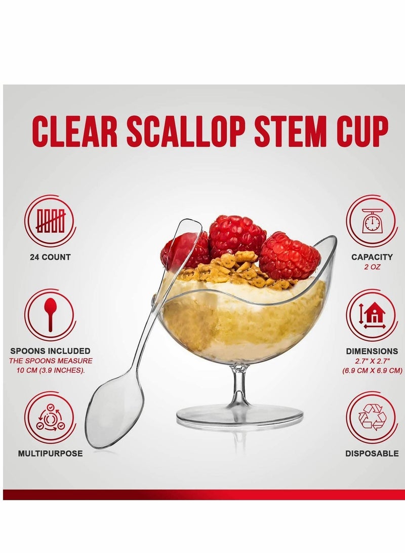Y&D 24 PCS Dessert Bowls with 100PCS Spoons Plastic Mini Scallop Stem Cup, Clear Hard Appetizer Parfait Serving Bowl, Mousse Bowl Cups, for Desserts, Puddings - Image 4