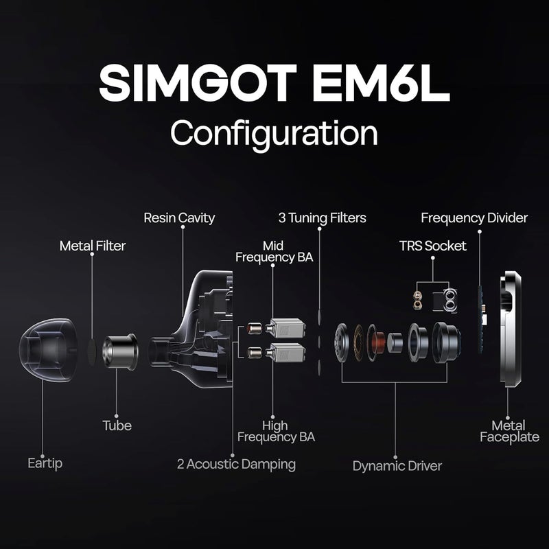 Linsoul SIMGOT EM6L 1DD + 4BA Hybrid Driver in-Ear Monitor, Gaming Earbud, HiFi IEM Earphone with 3D-Printed Resin Housing, Detachable OFC Silver-Plated Cable for Musician Audiophile - Image 3