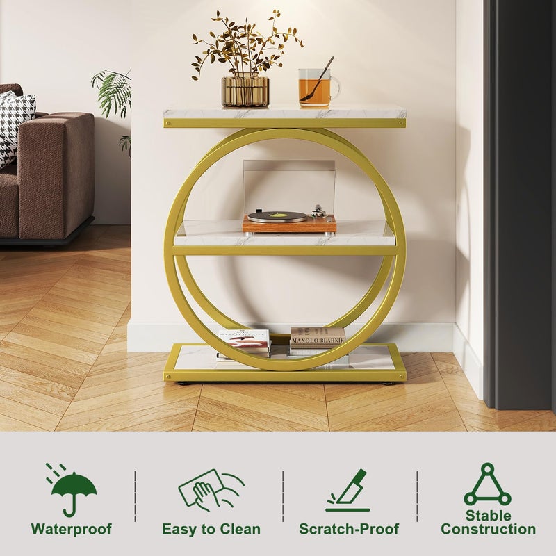 IBUYKE Narrow End Table with 3 Storage Shelves, Industrial Sofa Side Table, Double Round Metal Frames, Slim Nightstand and Bedside Table for Bedroom, Living Room, White with Gold UTMJ418G - Image 3