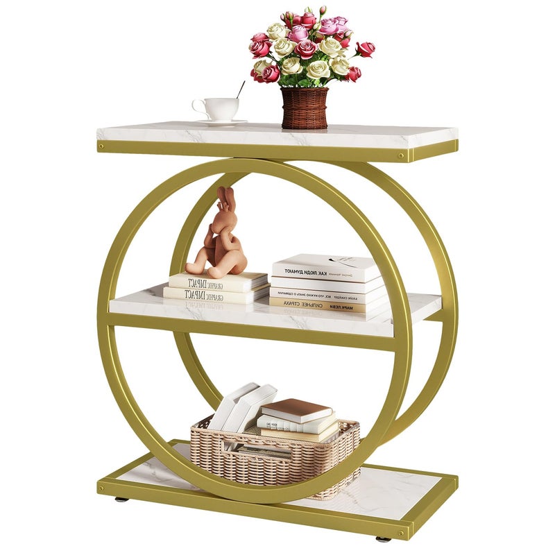 IBUYKE Narrow End Table with 3 Storage Shelves, Industrial Sofa Side Table, Double Round Metal Frames, Slim Nightstand and Bedside Table for Bedroom, Living Room, White with Gold UTMJ418G - Image 1