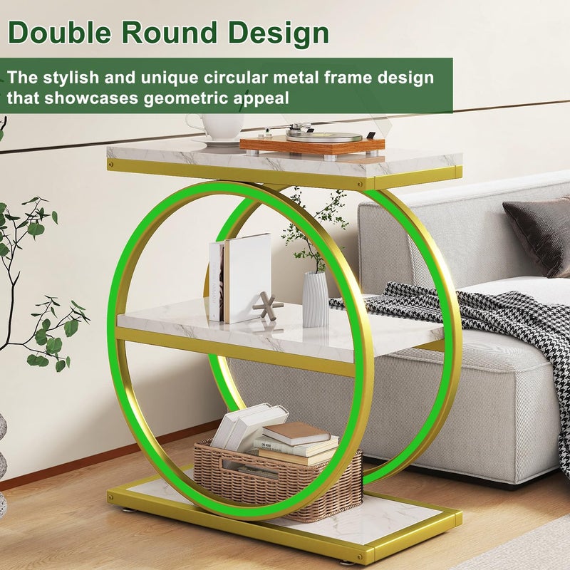 IBUYKE Narrow End Table with 3 Storage Shelves, Industrial Sofa Side Table, Double Round Metal Frames, Slim Nightstand and Bedside Table for Bedroom, Living Room, White with Gold UTMJ418G - Image 4