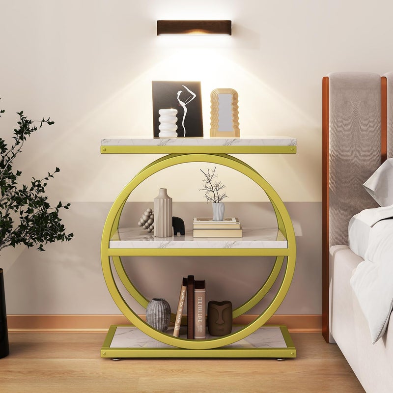 IBUYKE Narrow End Table with 3 Storage Shelves, Industrial Sofa Side Table, Double Round Metal Frames, Slim Nightstand and Bedside Table for Bedroom, Living Room, White with Gold UTMJ418G - Image 2
