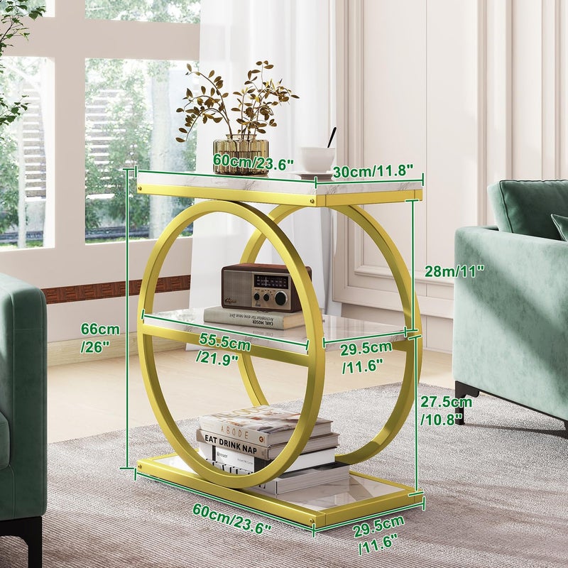 IBUYKE Narrow End Table with 3 Storage Shelves, Industrial Sofa Side Table, Double Round Metal Frames, Slim Nightstand and Bedside Table for Bedroom, Living Room, White with Gold UTMJ418G - Image 5