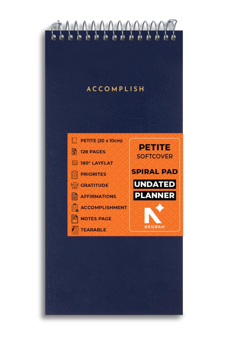NEORAH—PETITE Daily To Do List Pad | 128 Pages | 20.0 x 10.0 cm | Daily + Hourly Split + Notes page | Durable Metal Spiral Desk Notepad + tear off sheets | Journal, Office Work Planner (DARK BLUE) - Image 1
