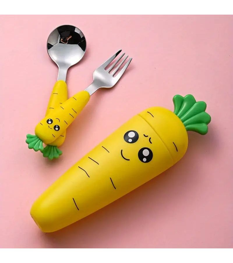 Stainless Steel Kids Carrot Fork And Spoon Orange 3 Pack Portable Utensil - Image 1