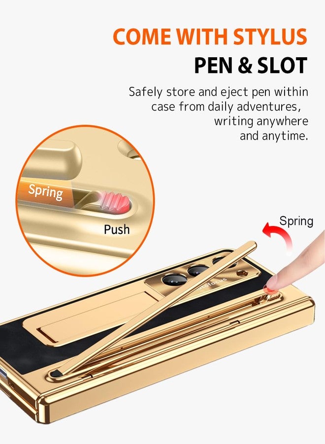 NINKI for Samsung Galaxy Z Fold 6 Case with S Pen Holder & S Pen, Galaxy Z Fold 6 Phone Case with Stand & Screen Protector, Plating Leather Hinge Protective Cover for Z Fold6 5G - Gold with Black - Image 2