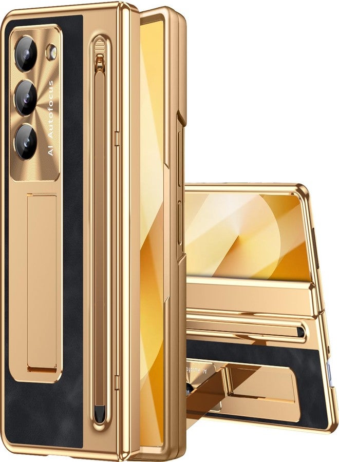 NINKI for Samsung Galaxy Z Fold 6 Case with S Pen Holder & S Pen, Galaxy Z Fold 6 Phone Case with Stand & Screen Protector, Plating Leather Hinge Protective Cover for Z Fold6 5G - Gold with Black - Image 1