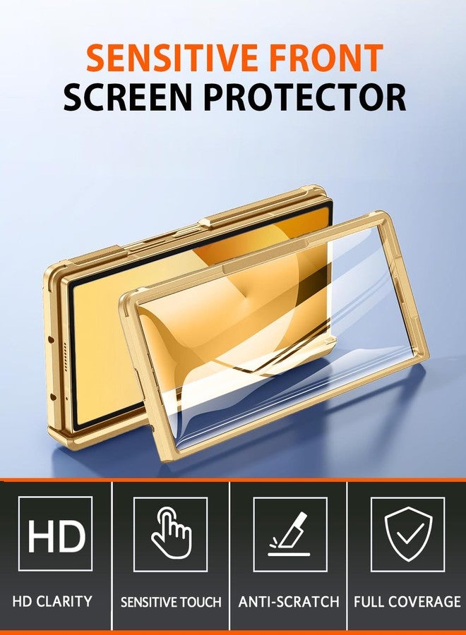 NINKI for Samsung Galaxy Z Fold 6 Case with S Pen Holder & S Pen, Galaxy Z Fold 6 Phone Case with Stand & Screen Protector, Plating Leather Hinge Protective Cover for Z Fold6 5G - Gold with Black - Image 3