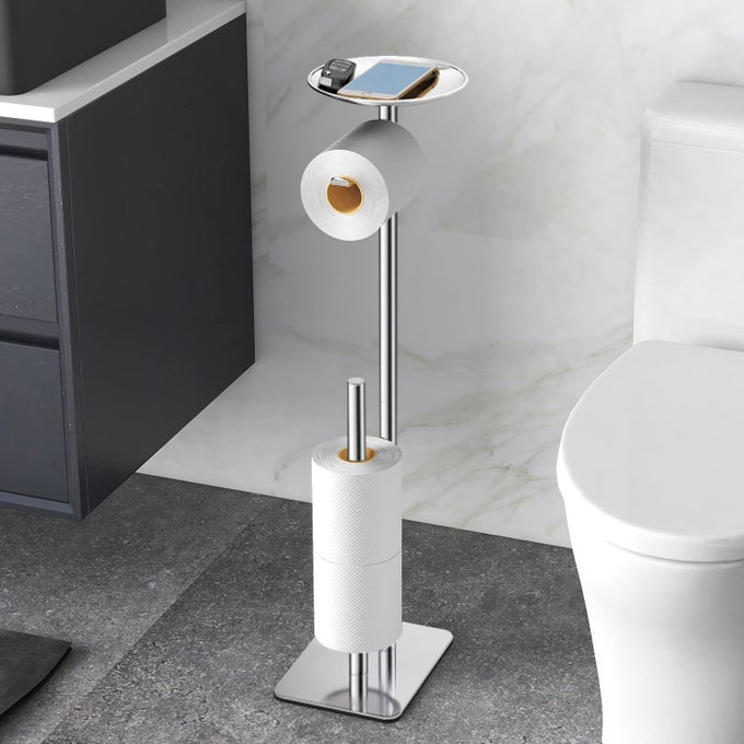 TOILET PAPER HOLDER STAND FOR BATHROOM FLOOR STANDING TOILET ROLL DISPENSER STORAGES 4 RESERVE ROLLS WITH TOP STORAGE SHELF FOR CELL PHONES WIPE WALLET AND MORECHROME