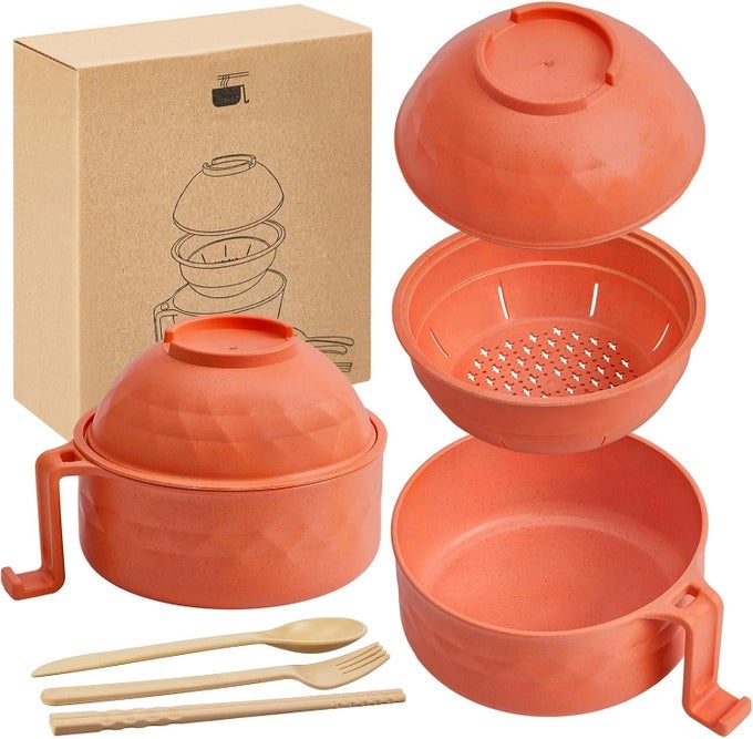 1 SET MICROWAVE RAMEN BOWL SET 33 OZ WHEAT STRAW INSTANT RAMEN COOKER SET PORTABLE NOODLE COOKER WITH HANDLE NOODLE BOWL WITH SPOON CHOPSTICKS FORK COLLEGE DORM ROOM ORANGE