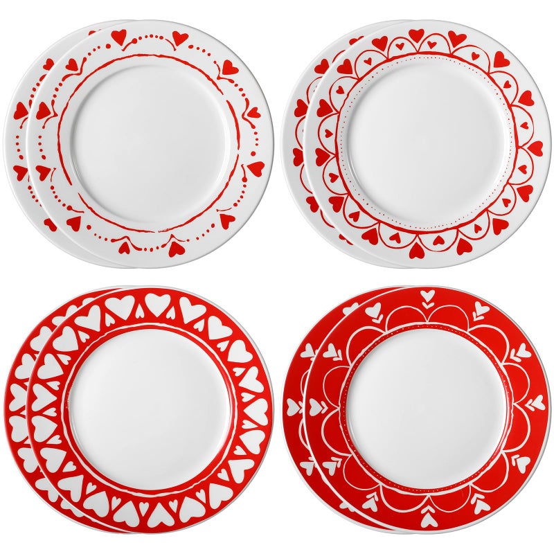 Jinei Set of 8 Valentine's Day Ceramic Plates Set 10 Inch Heart Round Dining Serving Plates Red White Dessert Salad Dish Dinnerware for Valentine's Day, Wedding, Anniversary Decoration - Image 1
