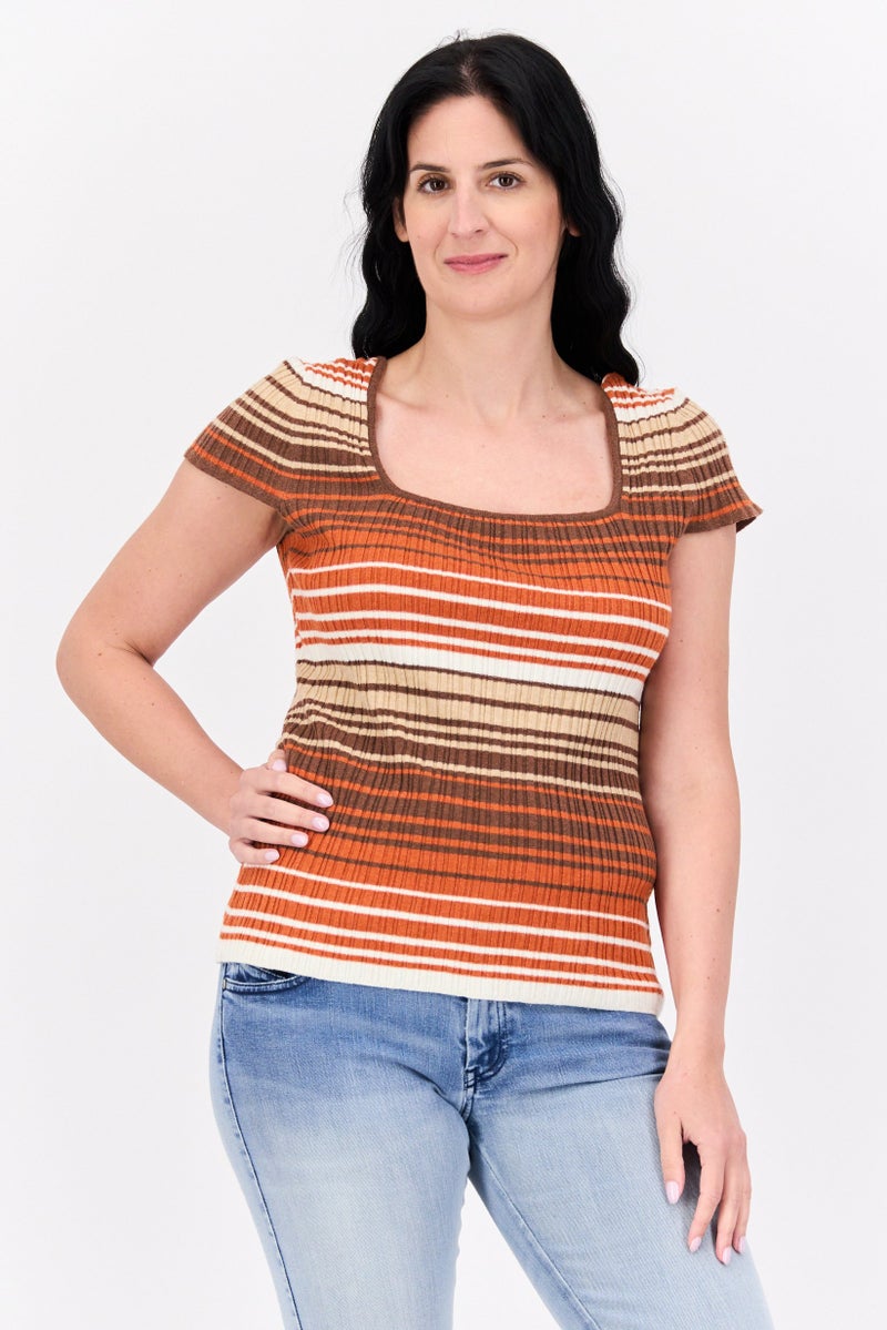 Jessica Simpson Women Square Neck Short Sleeve Stripe Top, Brown Combo - Image 1
