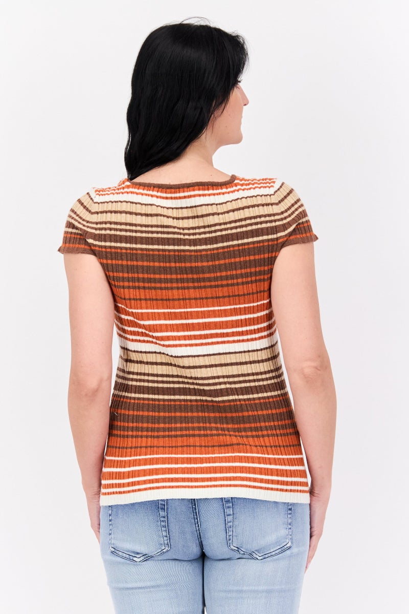 Jessica Simpson Women Square Neck Short Sleeve Stripe Top, Brown Combo - Image 3