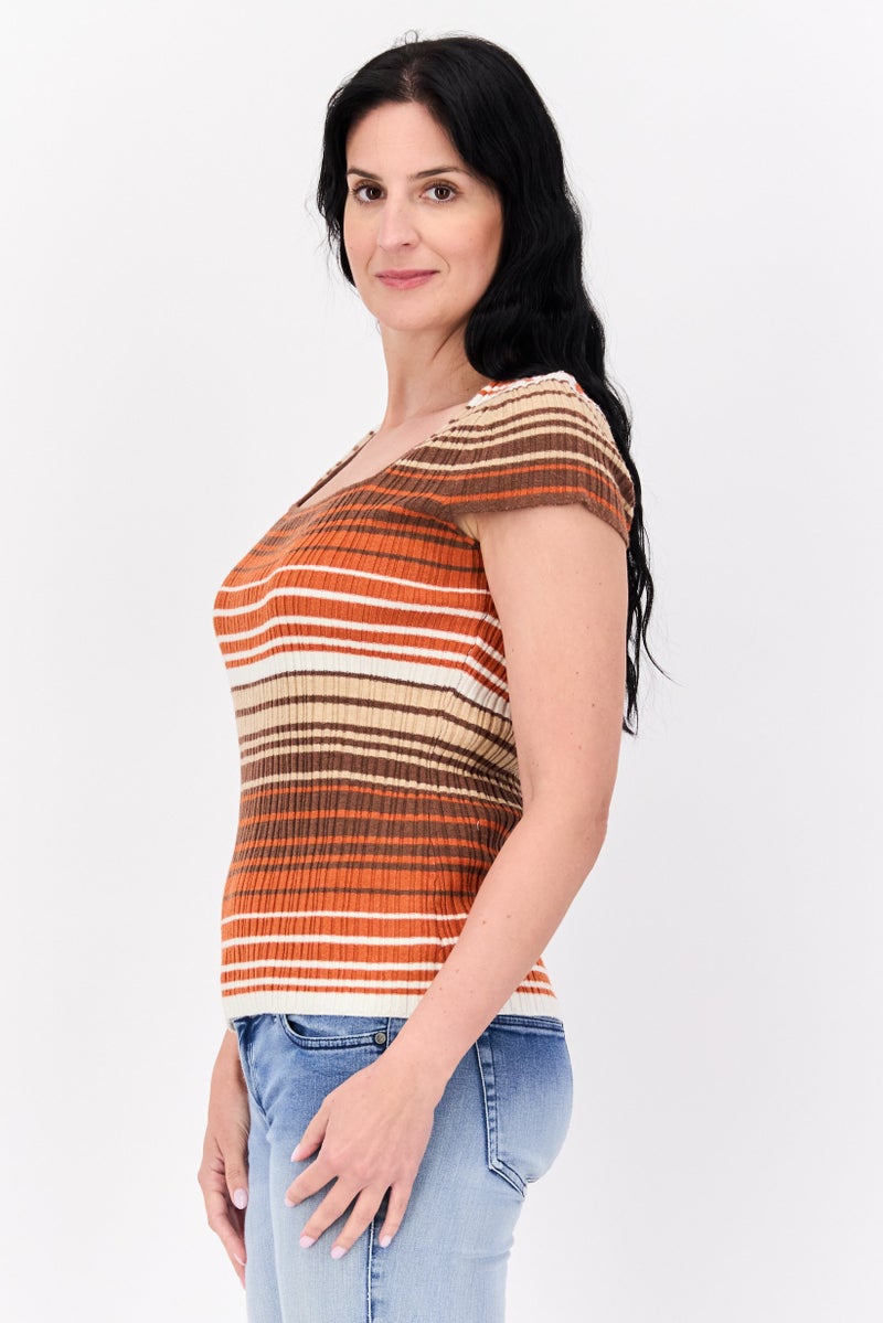 Jessica Simpson Women Square Neck Short Sleeve Stripe Top, Brown Combo - Image 4