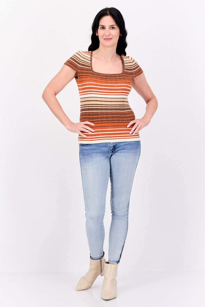 Jessica Simpson Women Square Neck Short Sleeve Stripe Top, Brown Combo - Image 2