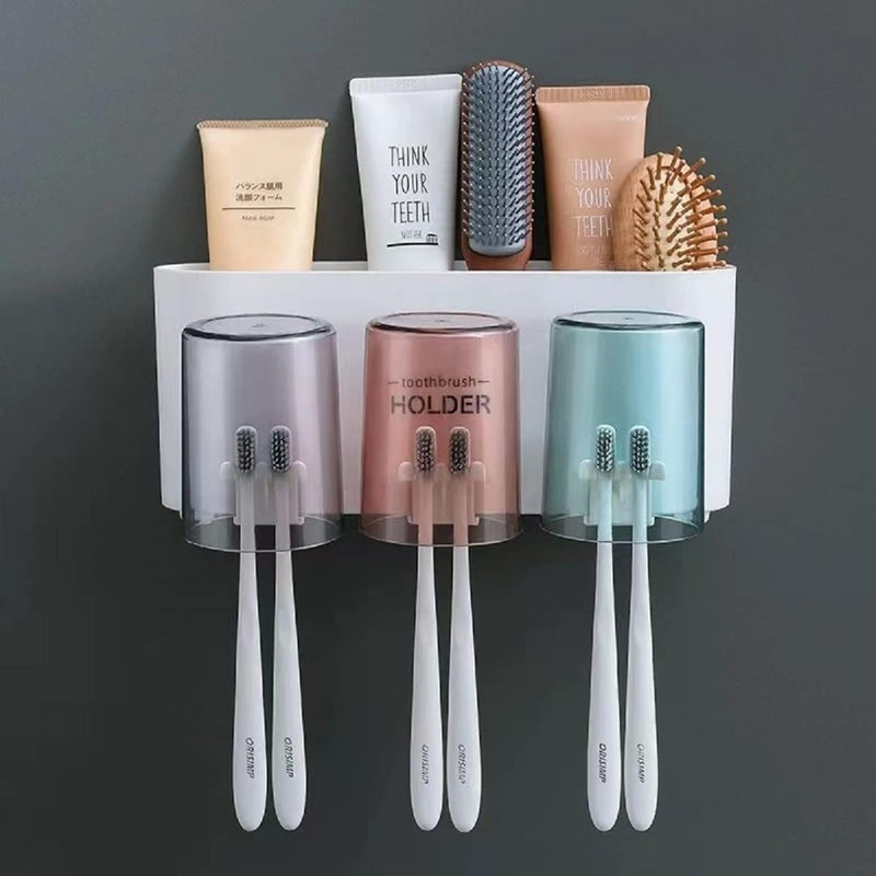 KPTON Wall-Mounted Toothbrush Holder with 3 Cups - Durable Bathroom Brush Organizer for Toothbrushes, Toothpaste, and Accessories, Space-Saving Design - Image 1