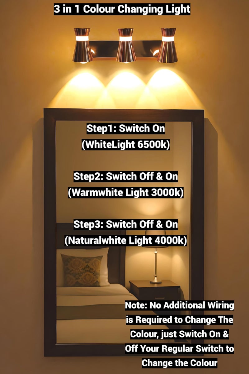 FILLISKA® 3 in 1 Double Wall spot/Picture/Display/Mirror Light with Adjustable Head and Colour Changing Function (3 Way Black & Gold-037) - Image 3