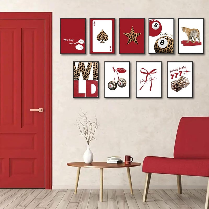 LOARTVE 9Pcs Trendy Red Leopard Wall Art Prints Funky Lucky 8 Ball Posters Preppy Cheetah Aesthetic Wall Decor Pictures Girly Bedroom Apartment Dorm Unframed 8x10in - Image 2