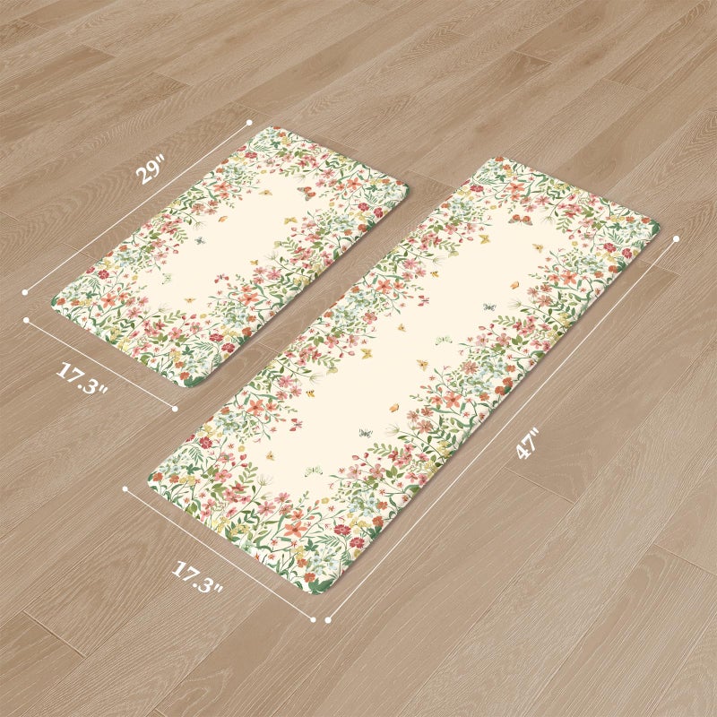 KIMODE Anti Fatigue Kitchen Mats for Floor 2 Piece, Cushioned Floral Kitchen Rugs, Memory Foam Kitchen Floor Mats, Summer Standing Desk Mats for Laundry Office Sink Beige 17"x47"+17"x29" - Image 3