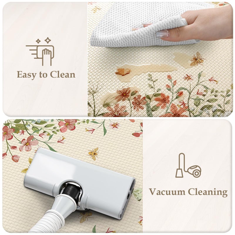 KIMODE Anti Fatigue Kitchen Mats for Floor 2 Piece, Cushioned Floral Kitchen Rugs, Memory Foam Kitchen Floor Mats, Summer Standing Desk Mats for Laundry Office Sink Beige 17"x47"+17"x29" - Image 5