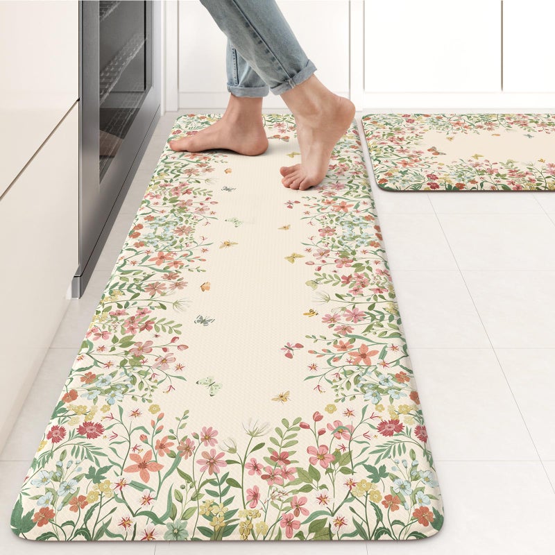 KIMODE Anti Fatigue Kitchen Mats for Floor 2 Piece, Cushioned Floral Kitchen Rugs, Memory Foam Kitchen Floor Mats, Summer Standing Desk Mats for Laundry Office Sink Beige 17"x47"+17"x29" - Image 1