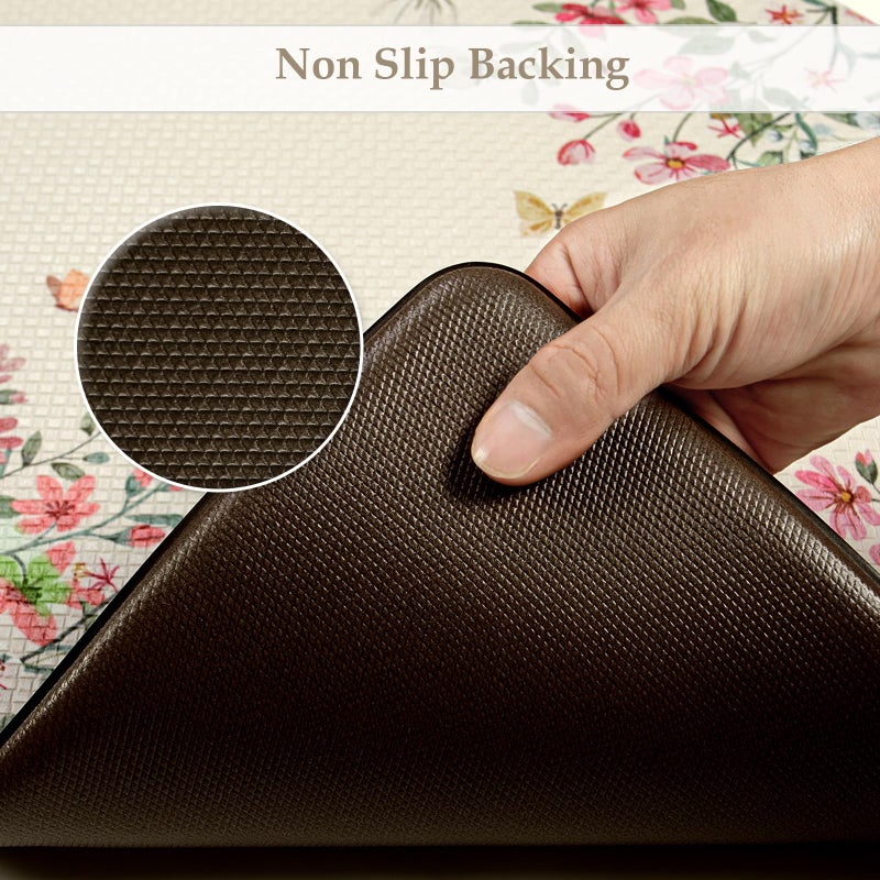 KIMODE Anti Fatigue Kitchen Mats for Floor 2 Piece, Cushioned Floral Kitchen Rugs, Memory Foam Kitchen Floor Mats, Summer Standing Desk Mats for Laundry Office Sink Beige 17"x47"+17"x29" - Image 4