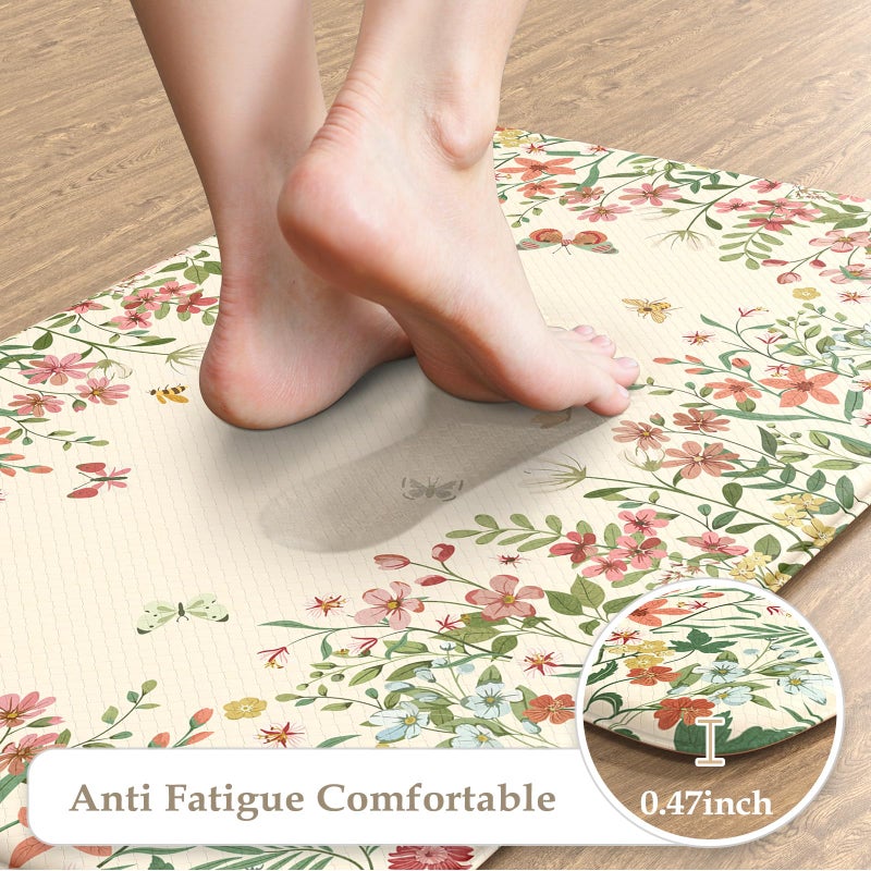 KIMODE Anti Fatigue Kitchen Mats for Floor 2 Piece, Cushioned Floral Kitchen Rugs, Memory Foam Kitchen Floor Mats, Summer Standing Desk Mats for Laundry Office Sink Beige 17"x47"+17"x29" - Image 2