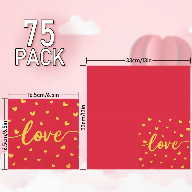 Whaline Whaline 75 Pack Valentine's Day Napkins 6.5 x 6.5 Inch Red Pink Gold Foil Dinner Napkins Love XOXO Kisses Valentines Disposable Paper Napkins for Valentine's Day wedding Anniversary Party Supplies  - Image 2