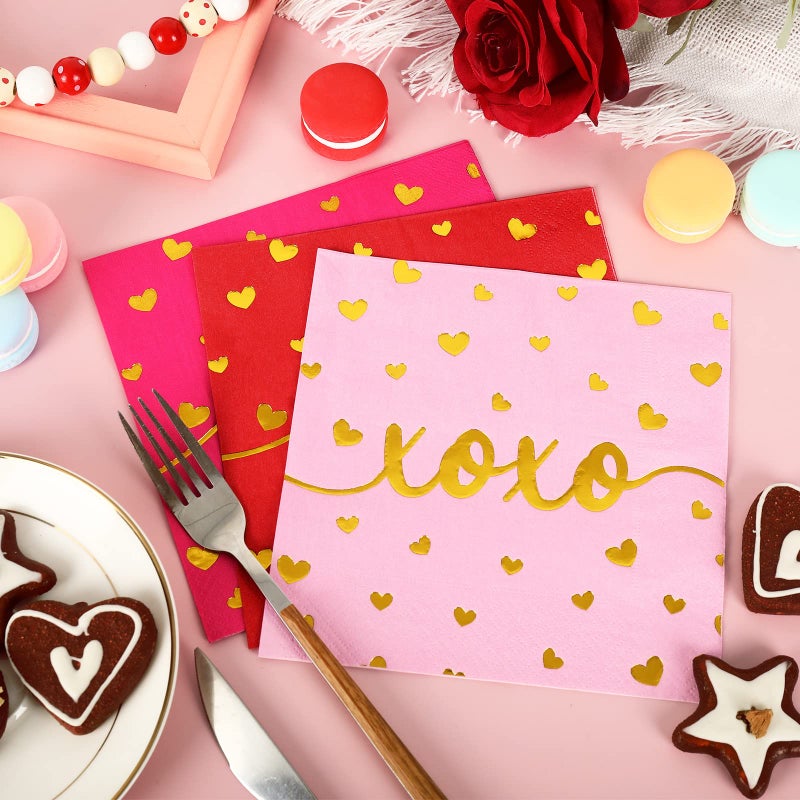 Whaline Whaline 75 Pack Valentine's Day Napkins 6.5 x 6.5 Inch Red Pink Gold Foil Dinner Napkins Love XOXO Kisses Valentines Disposable Paper Napkins for Valentine's Day wedding Anniversary Party Supplies  - Image 3
