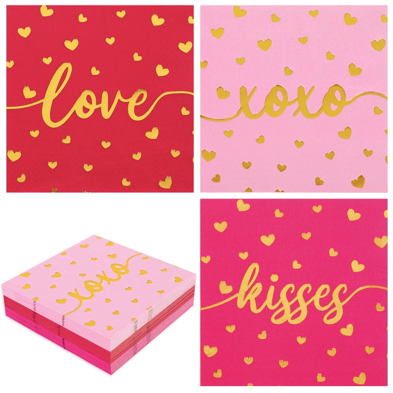 Whaline Whaline 75 Pack Valentine's Day Napkins 6.5 x 6.5 Inch Red Pink Gold Foil Dinner Napkins Love XOXO Kisses Valentines Disposable Paper Napkins for Valentine's Day wedding Anniversary Party Supplies  - Image 1