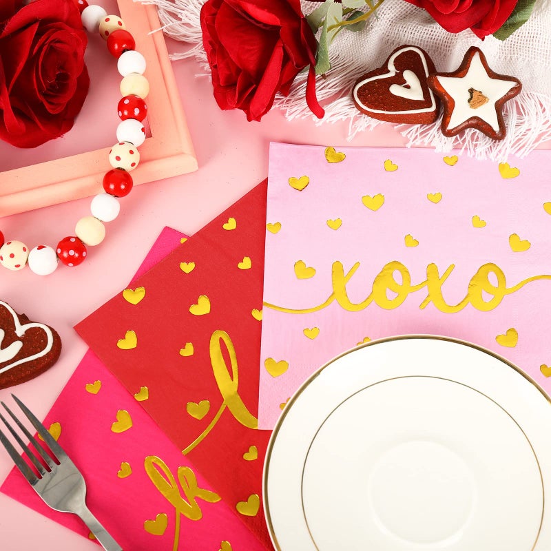 Whaline Whaline 75 Pack Valentine's Day Napkins 6.5 x 6.5 Inch Red Pink Gold Foil Dinner Napkins Love XOXO Kisses Valentines Disposable Paper Napkins for Valentine's Day wedding Anniversary Party Supplies  - Image 4