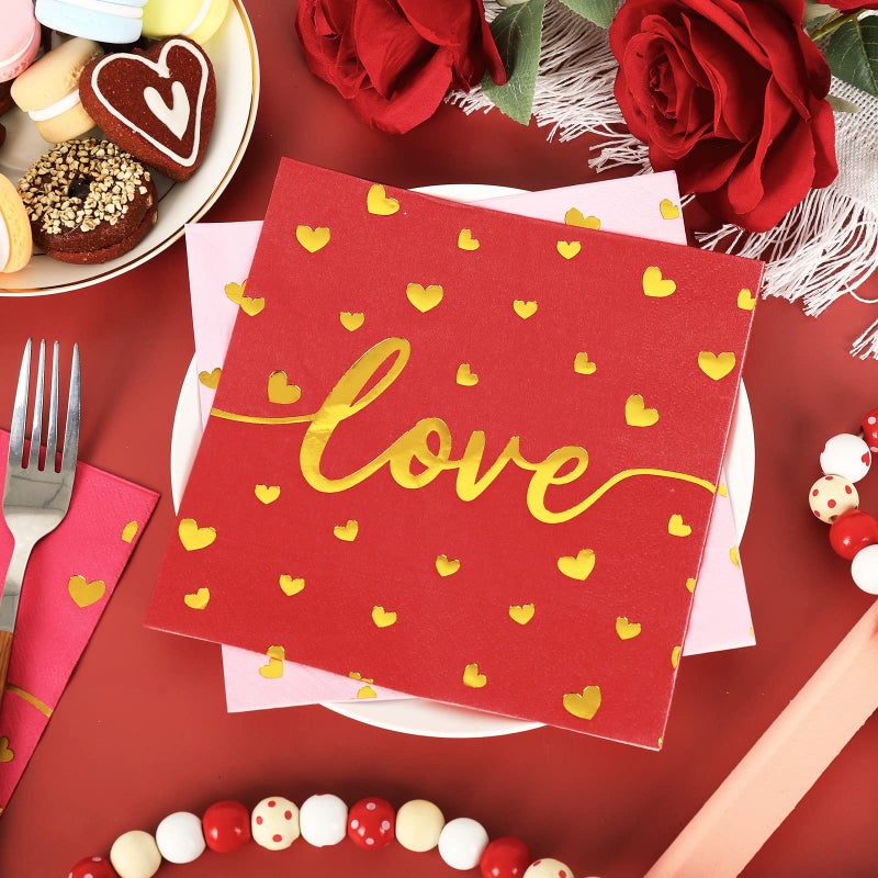 Whaline Whaline 75 Pack Valentine's Day Napkins 6.5 x 6.5 Inch Red Pink Gold Foil Dinner Napkins Love XOXO Kisses Valentines Disposable Paper Napkins for Valentine's Day wedding Anniversary Party Supplies  - Image 5