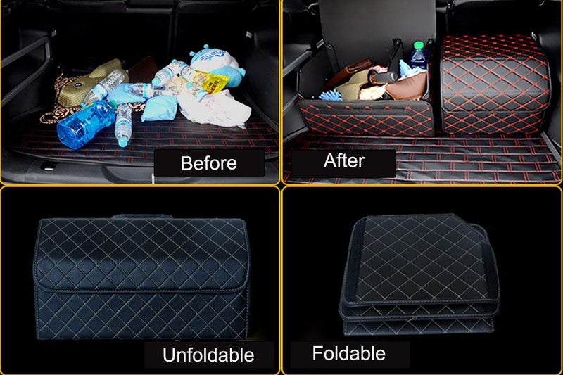PME Car Truck Organizer with Cover/Single Plastic Handle, Heavy Duty PU Leather Portable Cargo Storage Box Seat Back Container Foldable Auto Car Backseat Organizer Black - 1PCS Size M - Image 3