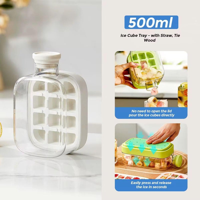 Ice Cube Bottle, 500ML 2 in 1 ice Cube Bottle with Straw with Lid and Bucket Easy One Touch Ice Release Non Contact Ice Maker for Refrigerator Ideal for Coffee Juice (White) - Image 1