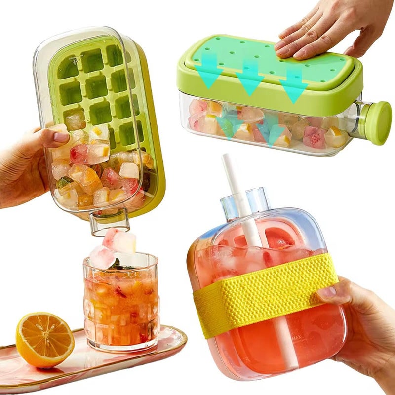 Ice Cube Bottle, 500ML 2 in 1 ice Cube Bottle with Straw with Lid and Bucket Easy One Touch Ice Release Non Contact Ice Maker for Refrigerator Ideal for Coffee Juice (White) - Image 2